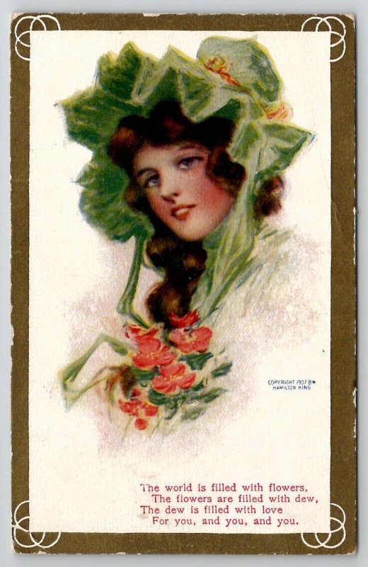 Artist Hamilton King Glamour Girl Green Bonnet and Poppies Postcard D22