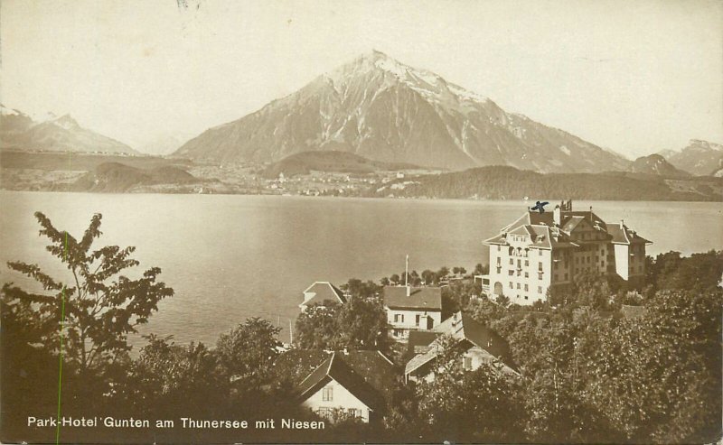 Postcard Switzerland Park Hotel Gunten Thunersee Niesen Lake Mountains