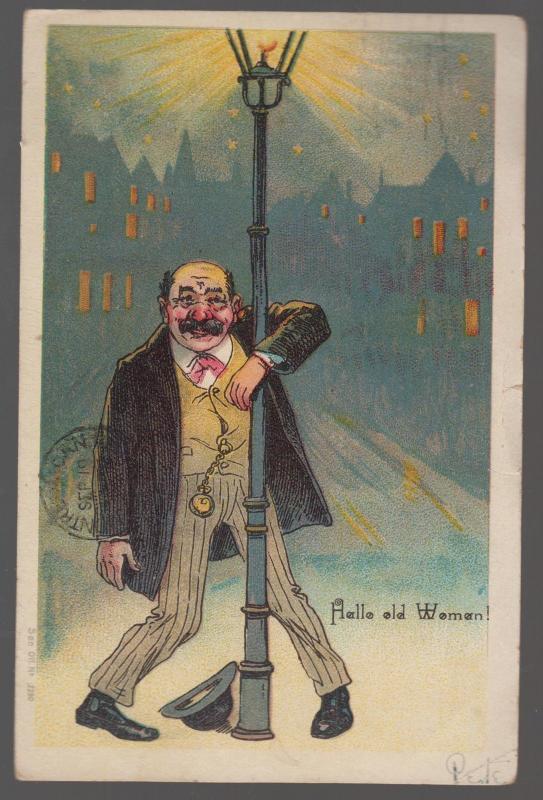 1905 USA postcard Cover to Canada Hallo Old Women Drunken man Street Light