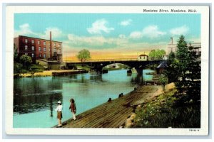 c1940's Manistee River 2 Kids Bridge Building View Manistee Michigan MI Postcard