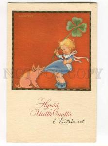 276585 NEW YEAR Girl Pink PIG by SJOSTEDT Vintage Finland PC