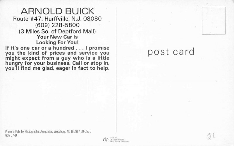 Hurffville NJ Arnold Buick Auto Dealership Postcard