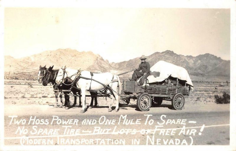 RPPC Nevada Modern Transportation Wagon Horses Cowboy c1940s Vintage Photo