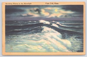 Cape Cod MA~Scenic View Of Breaking Waves In The Moonlight~Vintage Linen PC