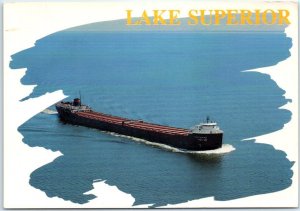Postcard - An aerial view of an oreboat on Lake Superior