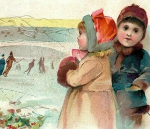 1890 Christmas Lion Coffee Woolson Spice Co. Cute Children Ice Skating #5K