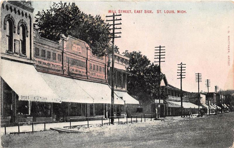 E38/ St Louis Michigan Mi Postcard 1911 Mill Street Stores East Side