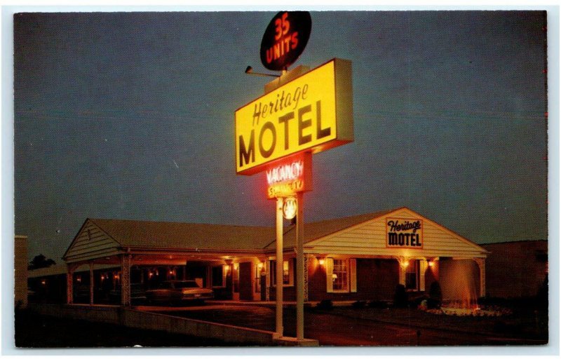 EAU CLAIRE, WI Wisconsin ~ Roadside HERITAGE MOTEL Night Neon c1960s Postcard 