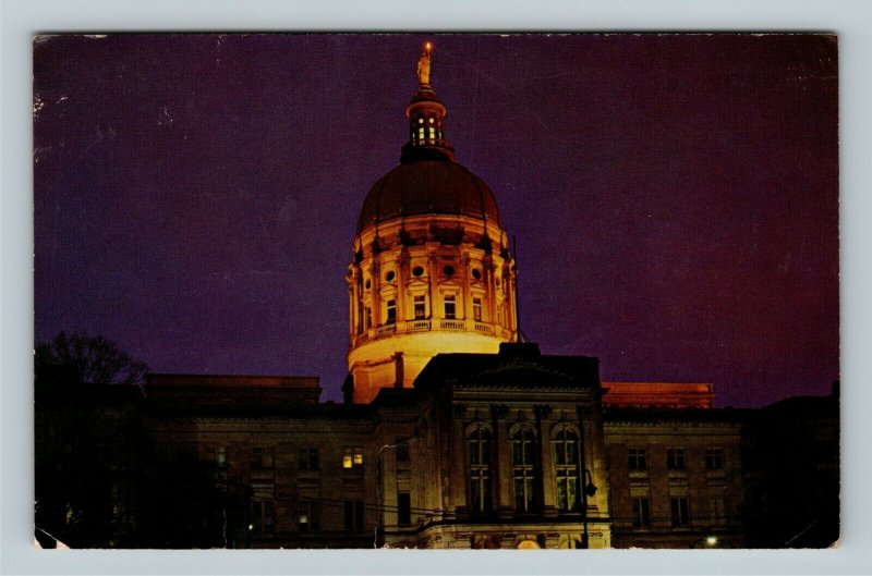 Atlanta GA, State Capitol Building Illuminated At Night, Chrome Georgia Postcard 