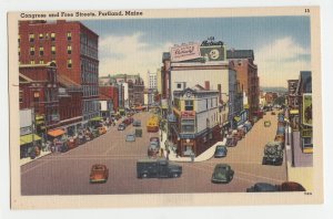 P2991, old postcard busy congress & free street scene portland maine