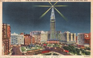 Postcard 1947 Public Square & Union Terminal Tower Building Night Cleveland Ohio