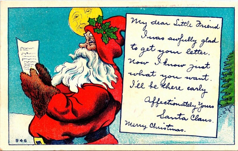 Vintage Unusual Santa Claus with Man On The Moon & Gift List Christmas Postcard