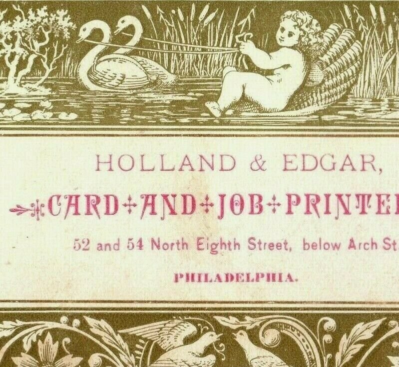 1870's Holland & Edgar Printers Card & Job Swans Pulling Cherub On Seashell P168