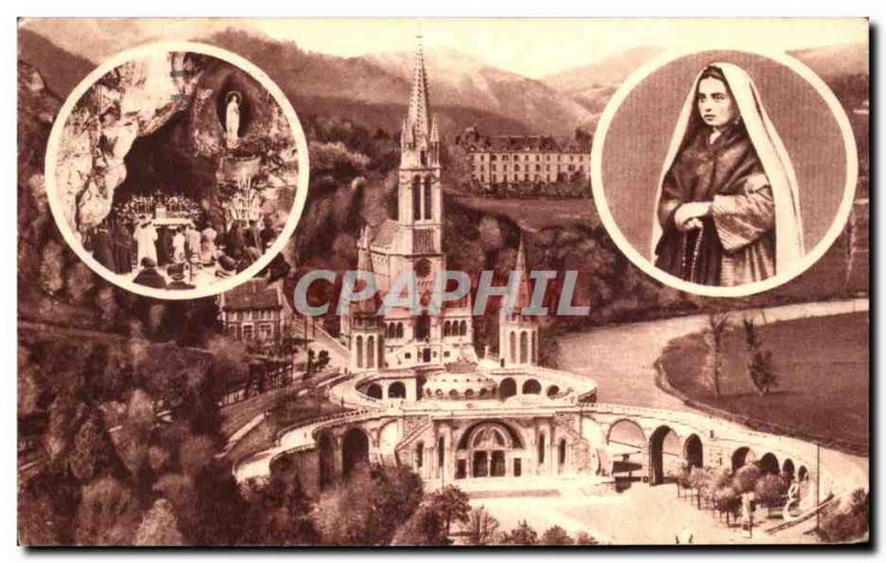 Old Postcard Lourdes Basilica In medallions St. Bernadette LA Cave