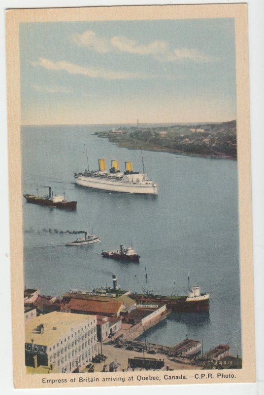 P2630 vintage postcard ship empress of britain arrivig quebec harbor canada