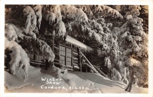 Log Cabin Winter Snow Cordova Alaska 1950c RPPC Real Photo postcard