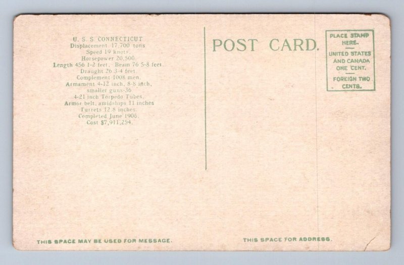 USS CONNECTICUT MILITARY BATTLESHIP COST $7,911,254 POSTCARD (c.1915) !!