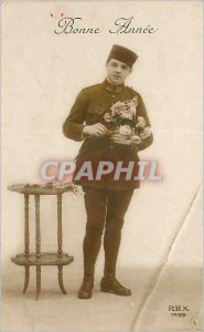 Postcard Happy New Year Old Man Army Flowers