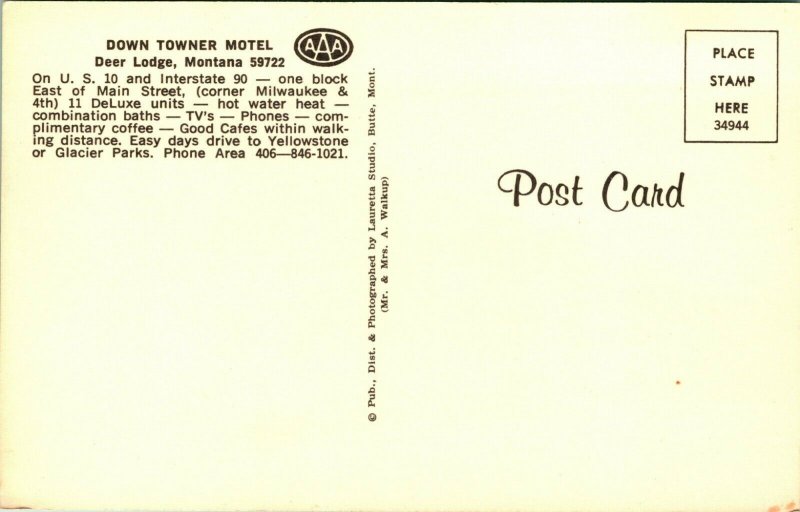 Vtg Chrome Postcard Deer Lodge Montana MT Down Towner Motel AAA Unused UNP S20