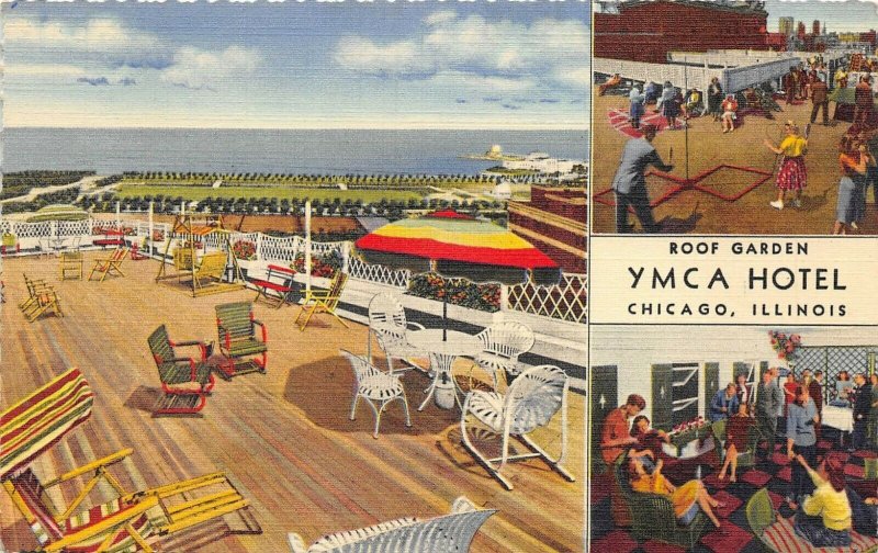 Chicago Illinois 1940s Postcard YMCA Hotel Roof Garden Patio