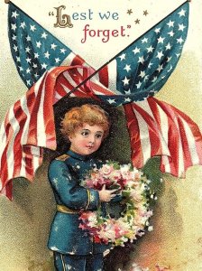 C.1910 Clapsaddle Patriotic Flags Civil War Kid Wreath Postcard P134