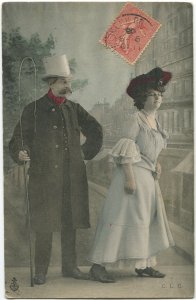 Man with riding whip and woman. 1908 colored RPPC. C.L.C. Charles l' Hopital