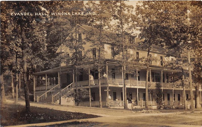 Winona Lake Indiana~Evangel Hall~People on Wrap Around Porch~c1910 RPPC