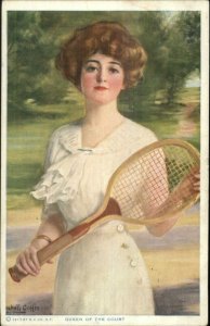 Haskell Coffin - Beautiful Woman w/ Tennis Racket c1910 Postcard