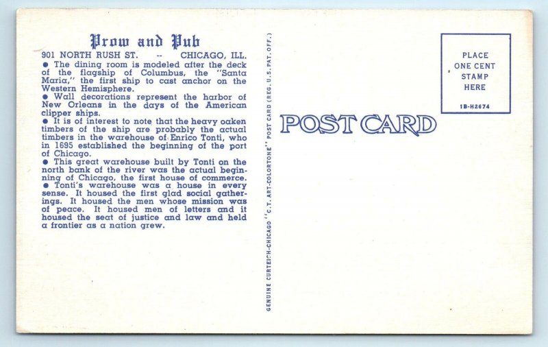 CHICAGO, IL Illinois ~ The PROW & PUB RESTAURANT c1940s Linen Roadside Postcard