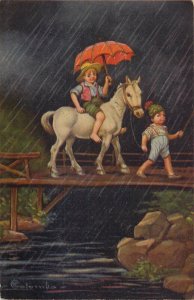 Drawn children artist E. Colombo fantasy horse ride bridge rain umbrella 1938