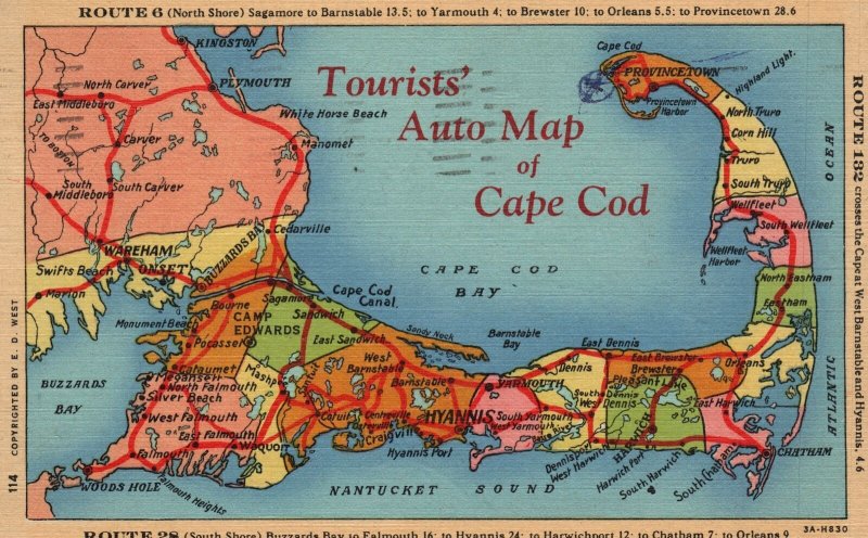 Vintage Postcard 1948 Tourist Auto Map Route 6 N. Shore Cape Cod Massachusetts
