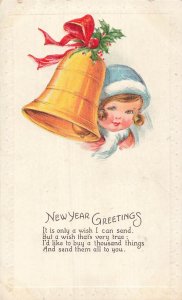 Vintage New Year Greetings Postcard with Girl and Bell Embossed Design