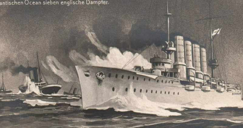 WWI Germany Imperial Navy Cruiser SMS Karlsruhe Sinks English Steamer Ships