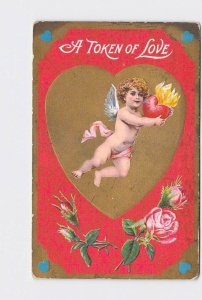 ANTIQUE POSTCARD VALENTINE CUPID FLIES HOLDING HEART ON FIRE WITH ROSES AND HEAR