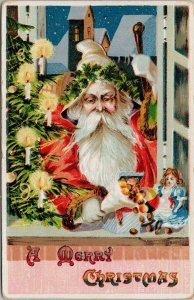 Santa Claus in Window Doll Nuts A Merry Christmas Embossed 0547 Postcard E82