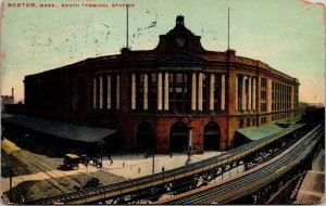 Boston Mass South Terminal Station RR c1910 Antique Psotcard Cancel WOB South 1c 