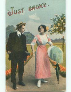 Pre-Linen BROKE MAN SHOWS WOMAN IS EMPTY POCKETS k7476