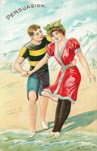 Embossed Postcard S/A Ellam Persuasion Man and Woman At Beach In Bathing Suits