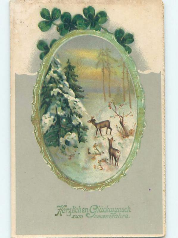 Pre-Linen New Year foreign DEER IN PEACEFUL SNOWY FOREST SCENE HL9079