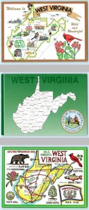 3 Postcards WEST VIRGINIA, WV ~Illustrated Maps COUNTIES State Seal, Flag 4x6