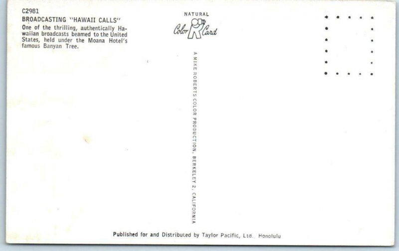 HONOLULU, HI  Banyan Tree MOANA HOTEL Radio Broadcast  HAWAII CALLS  Postcard