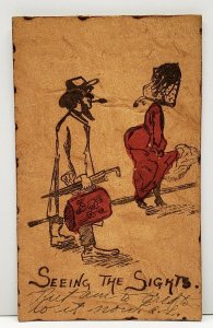 Seeing the Sight, Man Checks Woman Hazelton N Dakota Leather Colored Postcard D8