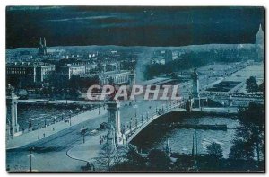 Old Postcard Paris by Night Panoramic view of the Pont Alexandre III and Inva...