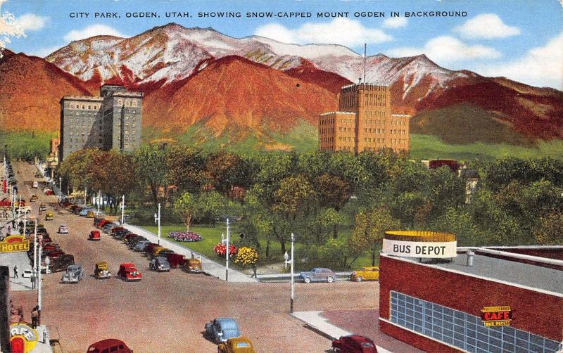 Ogden Utah 1940s Linen Postcard Bus Depot City Park Mount Ogden
