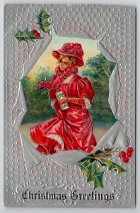 Christmas Greetings Beautiful Victorian Woman Red Dress Silvertone Postcard T28