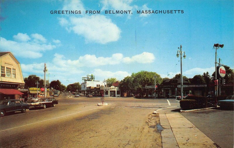 Belmont MA Business Section Storefronts Esso Gas Station 1950's Cars Postcard