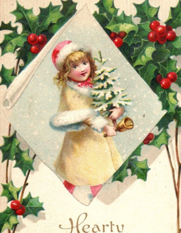 C. 1910 Girl Bell Tree Fur Snow Christmas Holly Adorable Vintage Postcard P219