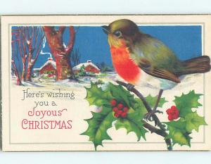 Pre-Linen christmas LARGE BIRD ON HOLLY BRANCH & SNOW-COVERED HOUSE hr2788
