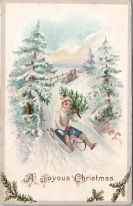 Joyous Christmas Boy Sledding with Tree 1914 to Lexington Maine Postcard Z1