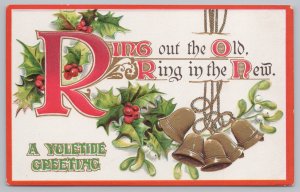 Holiday~Christmas-New Year~Bells~Holly~Mistletoe~Vintage Postcard